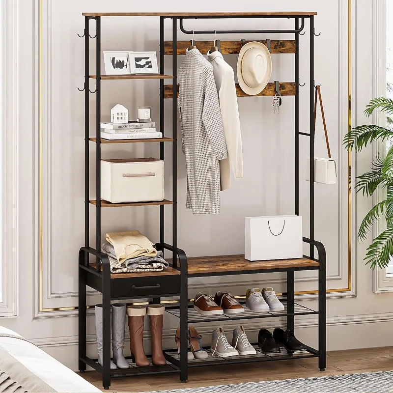 Hall Tree, Coat Rack with 3-Tier Storage Bench and 1 Drawer, , 1 Hanging Rod, 4-Tier Side Shelves, Rustic Brown HT03501B