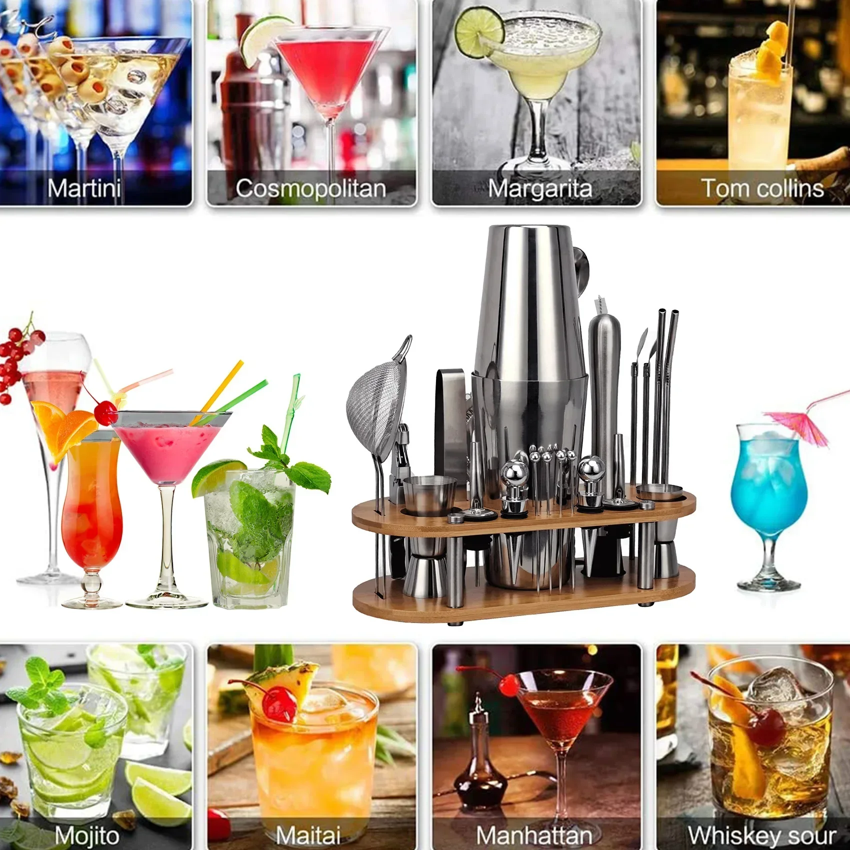 3-23pcs/set Stainless Cocktail Shaker Set with Storage Holder Complete Bartender Kit Shaker Set Professional Bar Accessories