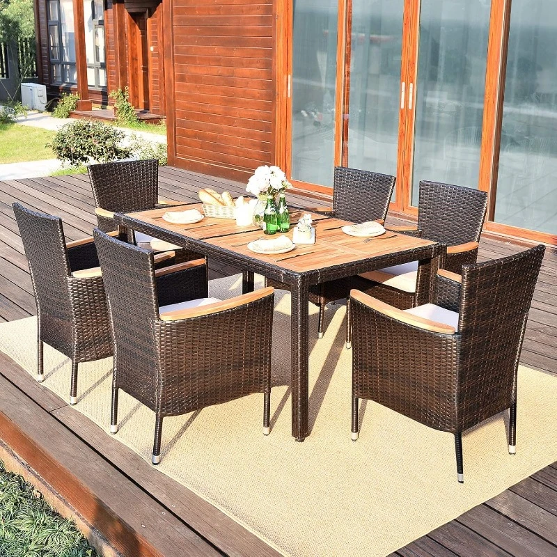 7 PCS Outdoor Patio Dining Set, Garden Dining Set w/Acacia Wood Table Top, Stackable Chairs with Soft Cushion