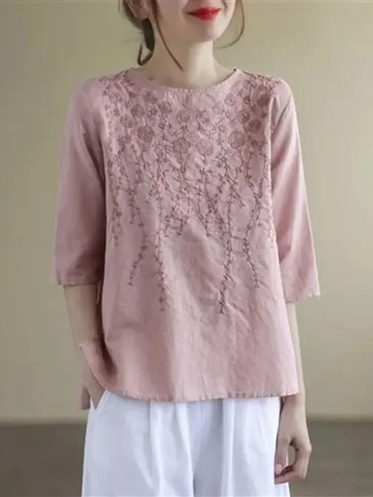 Frauen Baumwolle Leinen Casual T-shirts Neue 2022 Sommer Vintage Stil Floral Stickerei Lose Weibliche Hälfte Hülse Tops Tees B1780