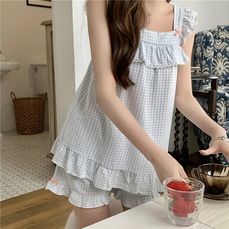 Student Cotton Home Clothes Cute Lacework Plaid Spaghetti Strap Summer Pajama Set Tops Shorts Sleepwear Ladies Out Wear D364