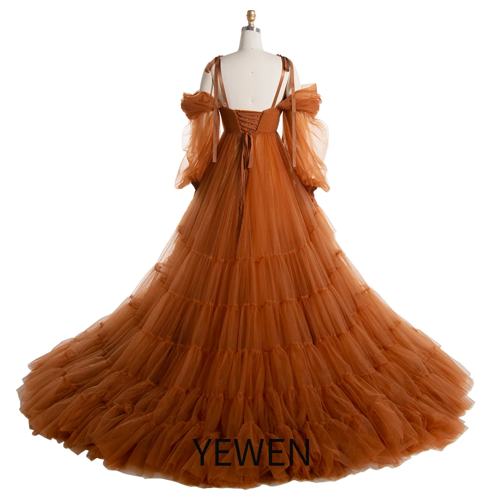 Elegant Off Shoulder Long Sleeve Tulle Party Dresses Women Evening Gown Photography Dress with Front Belly Slit YW221106