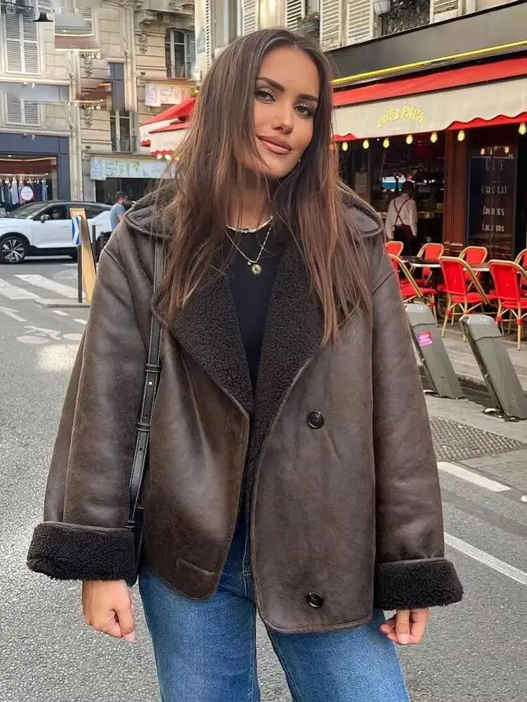 2023 Winter Women Warm Jacket Vintage Casual Solid Faux Leather Long Sleeve Coat Female Windbreaker Outwear Lapel Tops