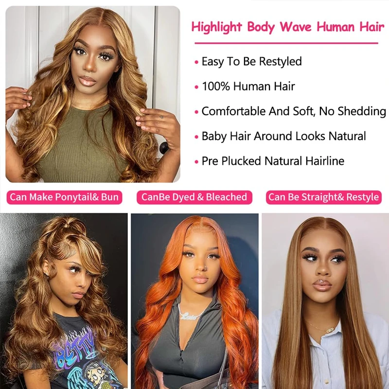 210 Density PrePlucked 4/27 Ombre 30 40 Inch 13x4 13x6 HD Lace Frontal Wig Human Hair Brazilian Body Wave Wigs For Women