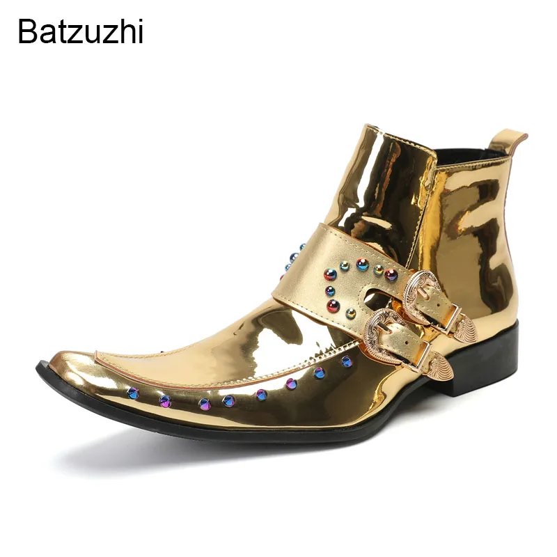 Batzuzhi New Handmade Men's Boots Rock Personality Golden Leather Ankle Boots for Men Zip Buckle Belt Party/Wedding Botas!