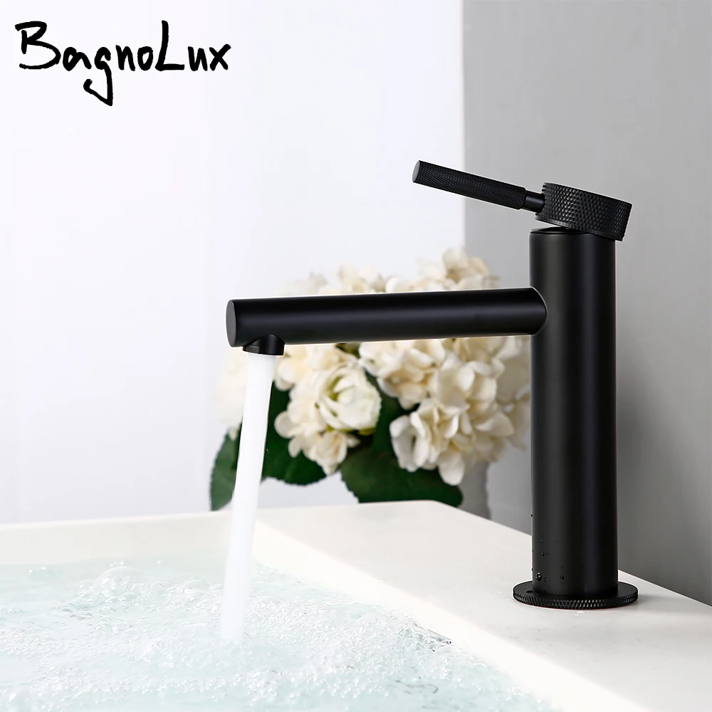 Round Fancy Handle Black Brass Deck Mounted Single Holder Hole Basin Hybrid Hot and Cold Water Bathroom Faucet