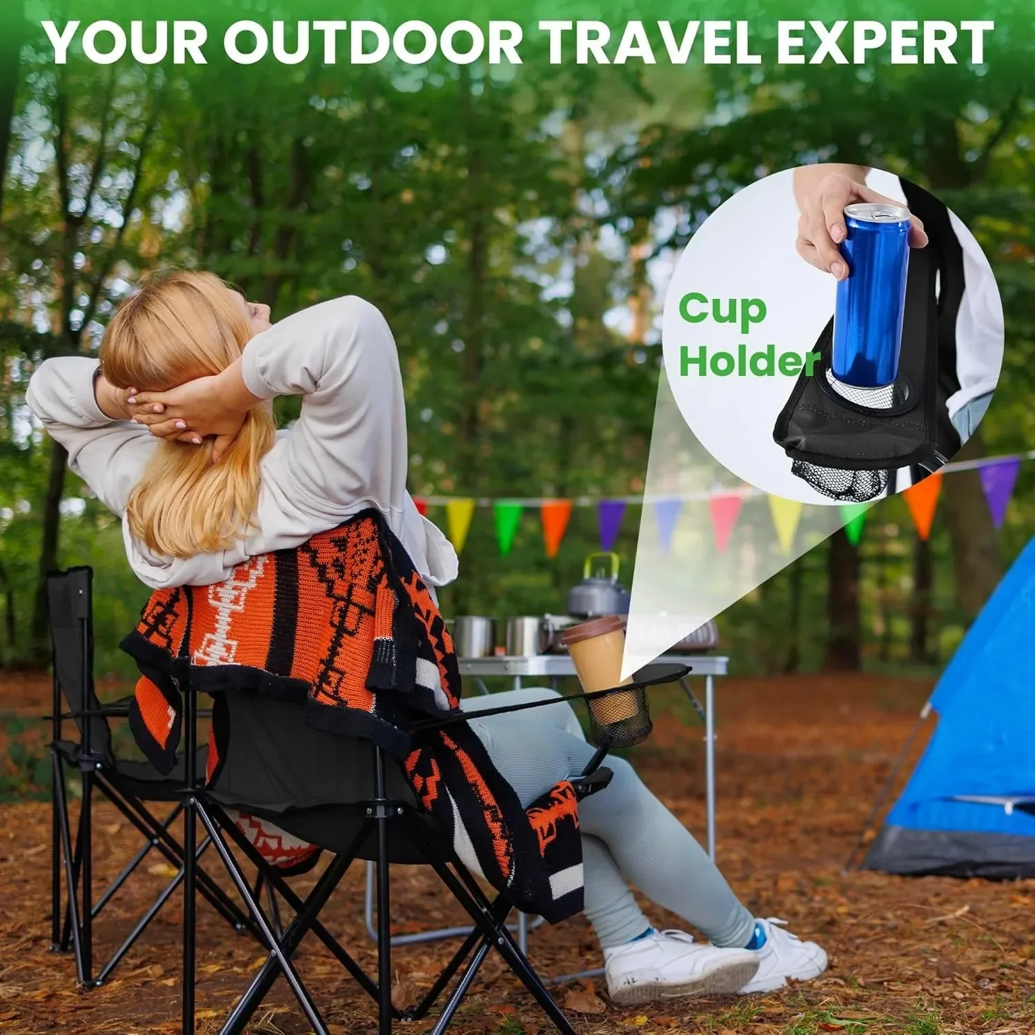 Silla de campamento compacta, paquete de 2, sillas portátiles plegables resistentes para exteriores con portavasos, estuche de transporte para picnic, playa