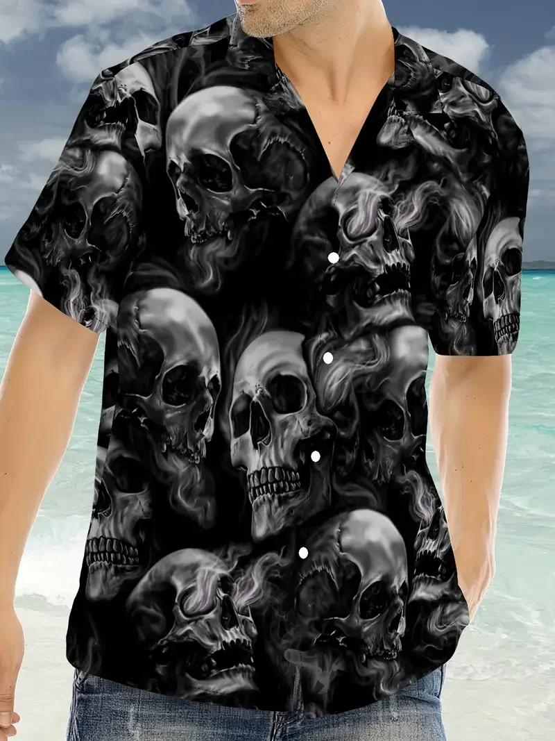 Popular men\'s new product in Europe and America, skull printed short sleeved shirt, button up casual Hawaiian summer shirt