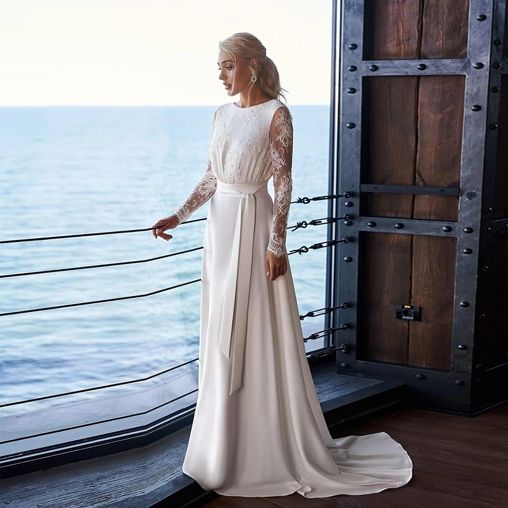 

Charming Scoop Wedding Dresses Jersey Bridal Gowns Court Train Full Sleeve New Vestido De Novia Modern New Robe De Summer