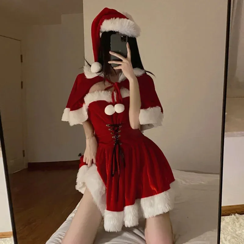赤い新年ストラップレス包帯Aラインドレス女性セクシーなクリスマスナイトドレス帽子付きクリスマスサンタクロースロールプレイ下着衣装