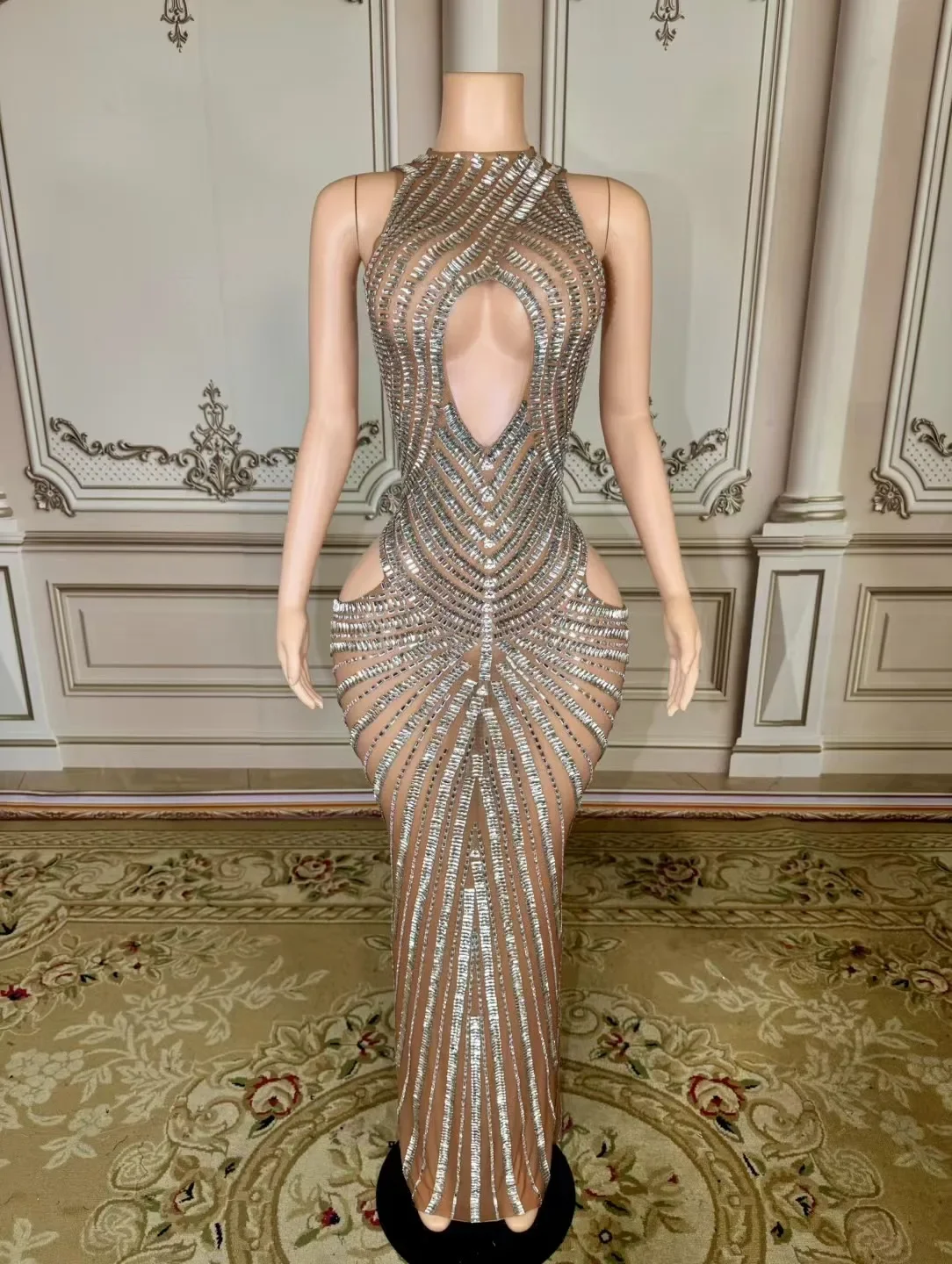 

Diamond Party outfit Crystals Transparent Dress Evening Celebrate See Through Mesh Birthday Celebrate Performance Costume