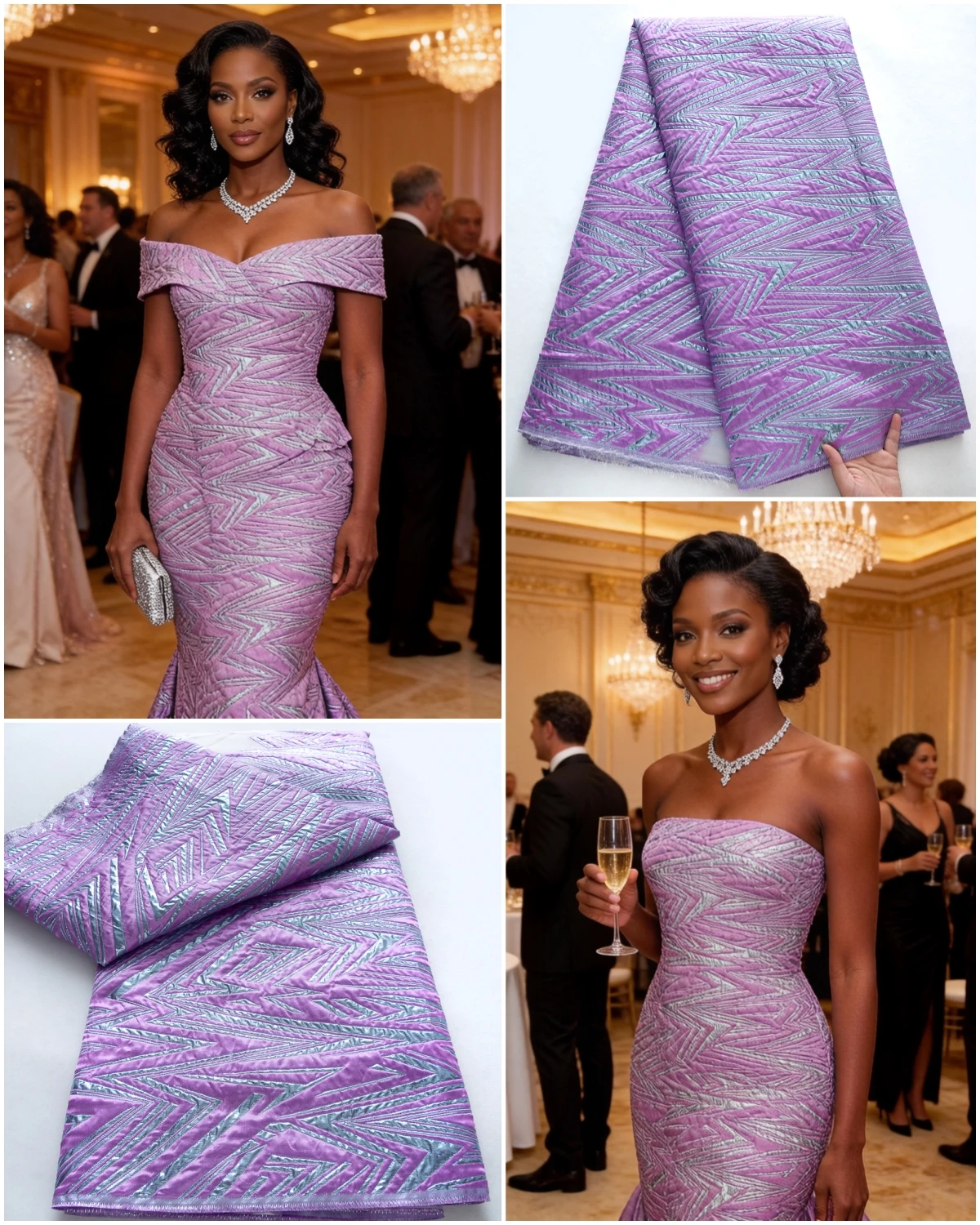 Lila afrikanischer Brokat-Jacquard-Spitzenstoff mit silbernem geometrischem Muster – luxuriöses nigerianisches vergoldetes Textil für Hochzeitskleider