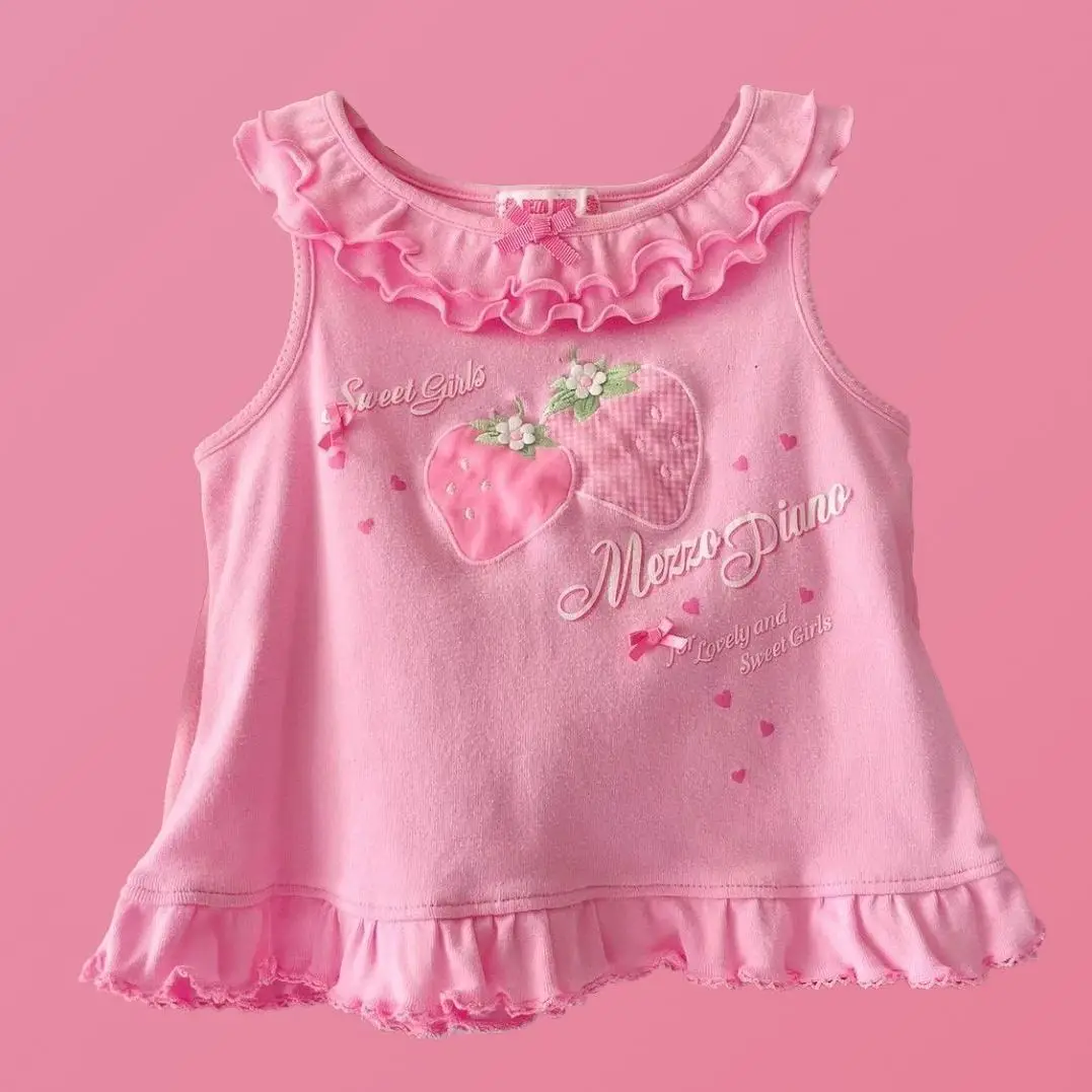 Japanese Sweet Cute Core Mp Strawberry Aesthetic Round Neck Vest Sleeveless T-shirt  All Match Mom and Daughter Matching Clothes