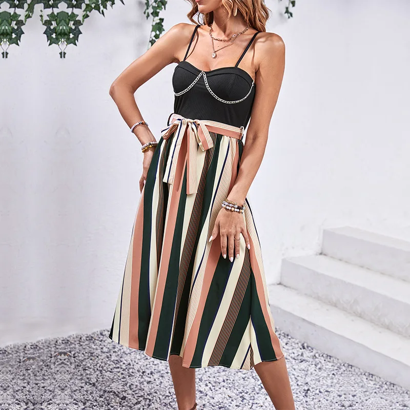 

2025 Dress Women Female Clothing Fashion Elegant New Suspender Skirt Fashion Color Stripes Splicing Chain Decoration Slim Dress