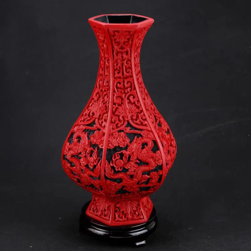 10 inch / Exquisite Chinese Classical Traditional Technology Red Lacquerware Dragon Auspicious Vase No.9