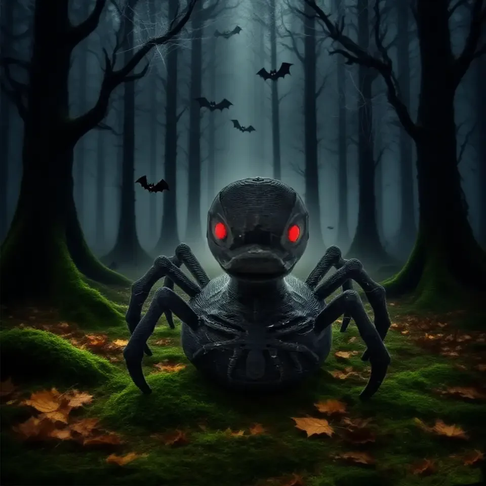 Halloween Black Spider-Duck Hybrid Ornament 3D Printed Creepy Crawling Animal Figure Desktop Decoration Scary Prank Gift