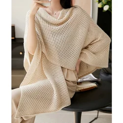 ITOOLIN Solid Knitted Loose Office Shawl Wool Hollow Out Cardigan Shawl Air-conditioning Shirt Sweater Cape Coat Summer 2024