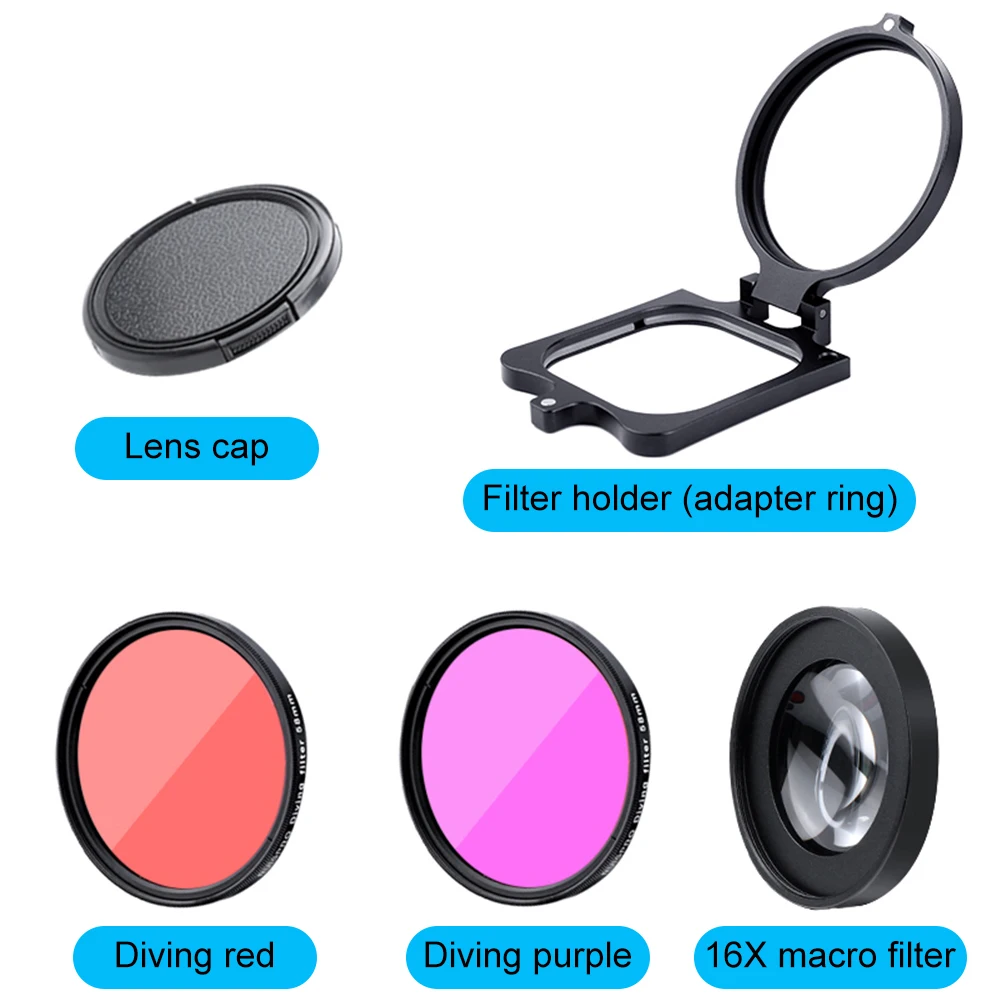 16X Macro HD Filter for GoPro 11 10 9 8 Black Waterproof Case Diving Red Purple Filter + Lens Cap + 58mm Adapter Ring