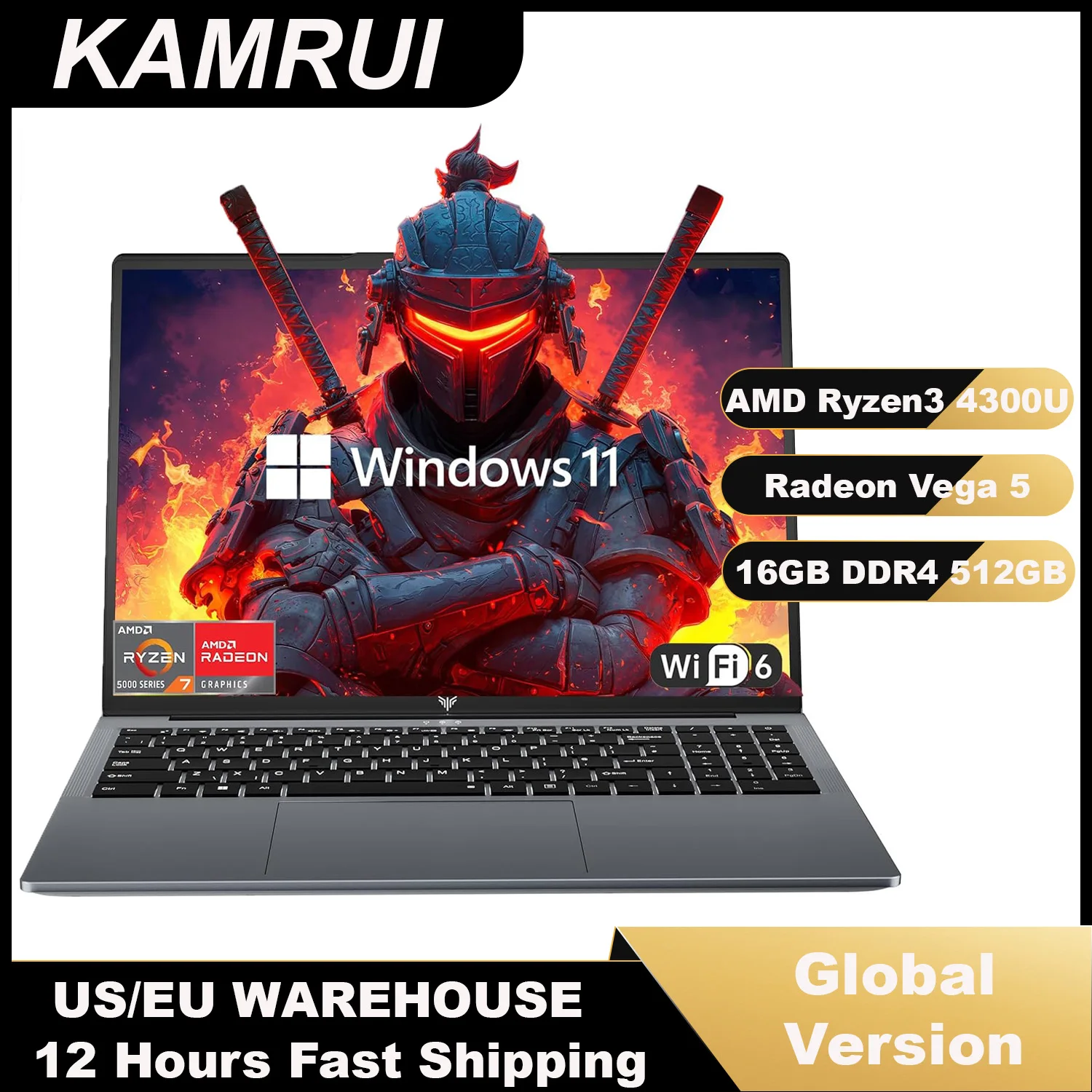 KAMRUI 16inch Laptop AMD Ryzen 3 4300U 16GB DDR4 512GB M.2 SSD 1920P FHD 4800MAh Battery Type-C Win11 Computer for Business Game