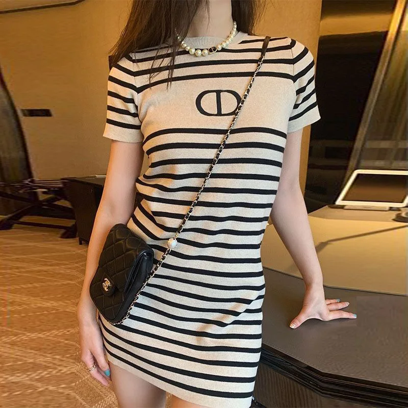 

Short Sleeve Striped Knitted Maxi Mini Woman Dress Korean Japan Preppy Style Elegant O Neck Dress for Women 2023 Summer New