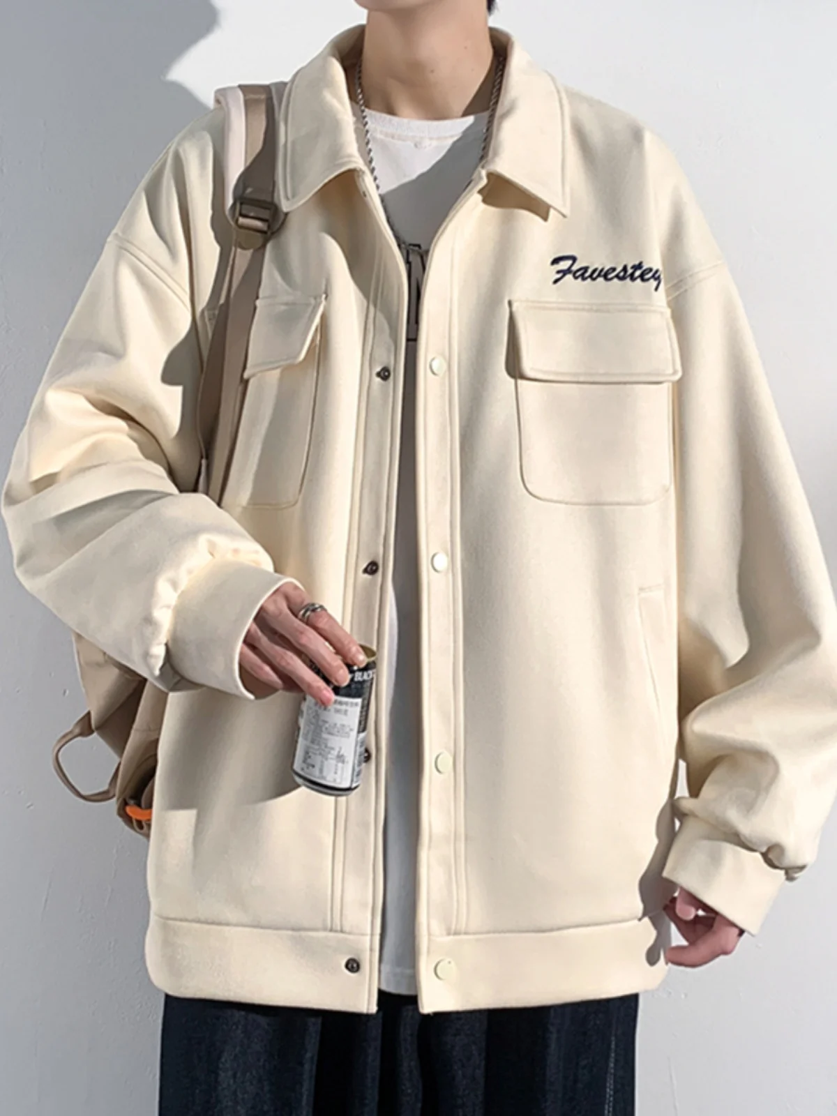 2025 Spring and Autumn New Black Suede Workwear Jacket Men's Casual Loose Coffee Color Apricot Color Open Button Jacket