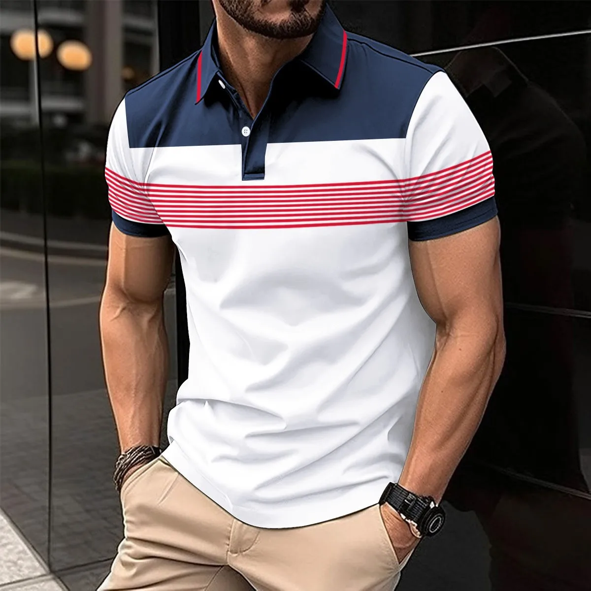 Summer men's polo shirt, golf color blocked 3D printed business casual short sleeved T-shirt, European and American polo shirt