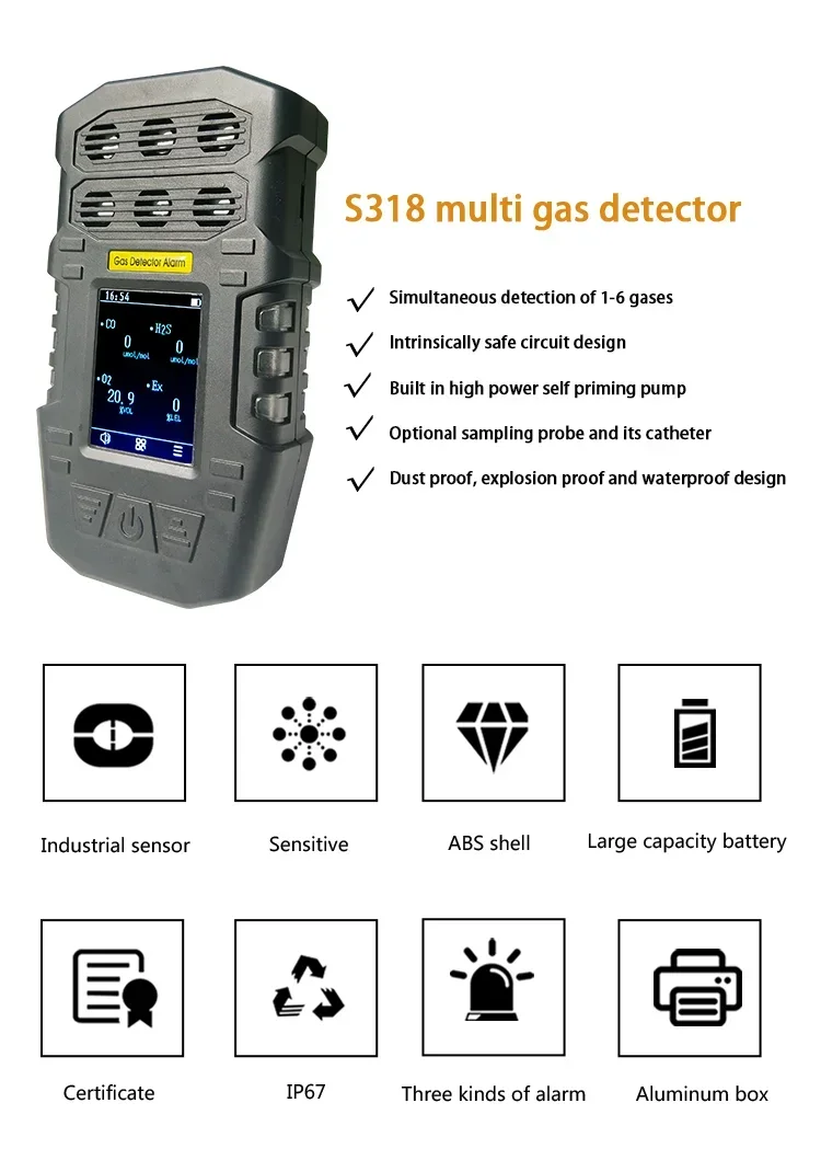 6 in1 gas analyzer, portable multi gas detector, gas leak alarm for biogas ch4 co h2 co2 so2 h2s nh3