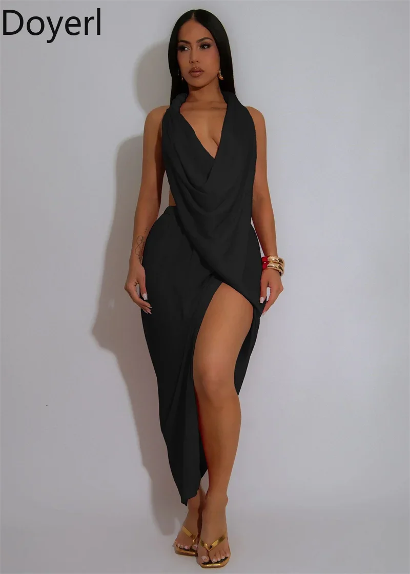 Doyerl Sexy Halter Backless Maxi Dress Women Birthday Sleeveless V-neck Ruched High Split Prom Night Club Party Long Dresses