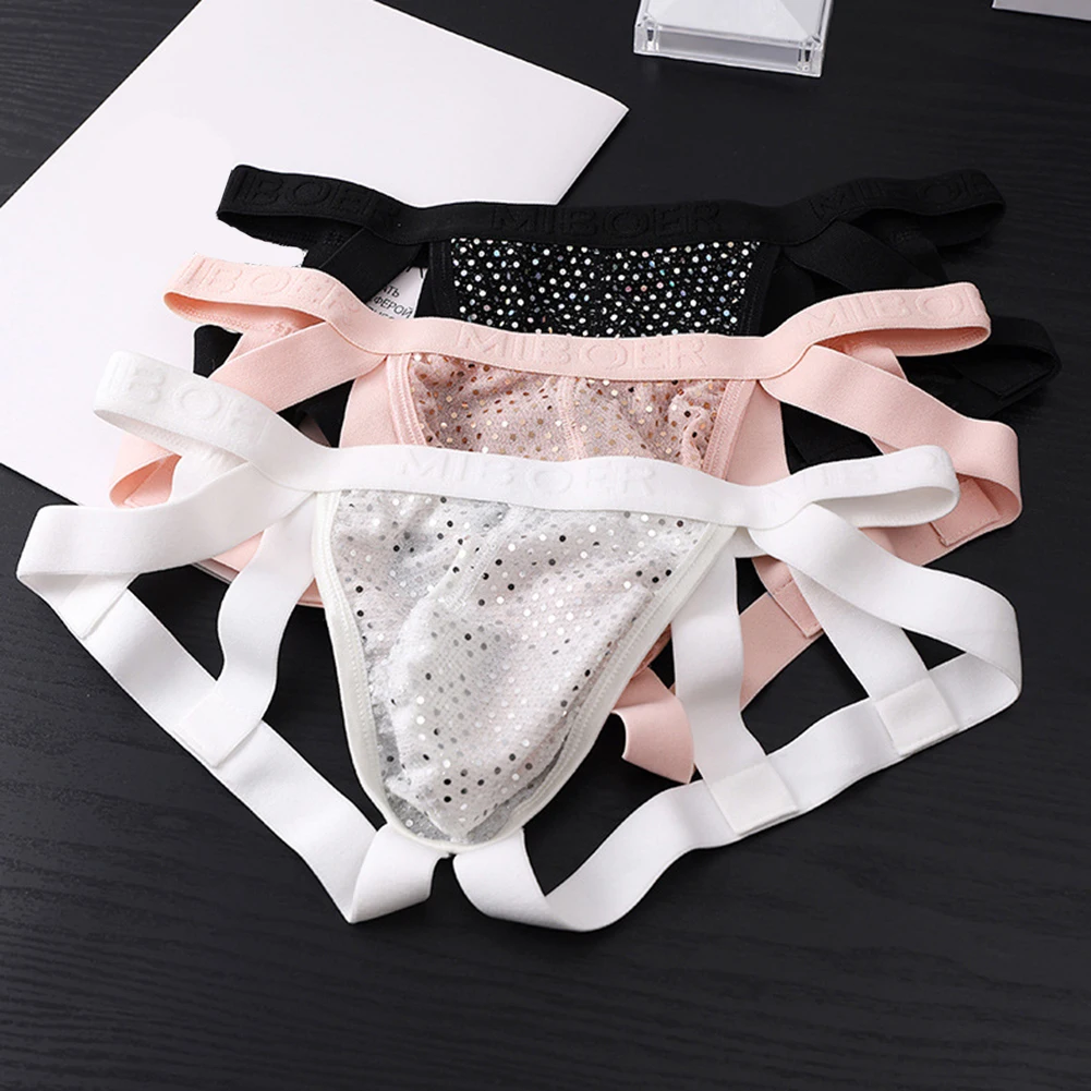 Men's Breathable Low Waist Thong Underwear G String Style with Open Butt and Support Pouch Nylon Spandex Fabric