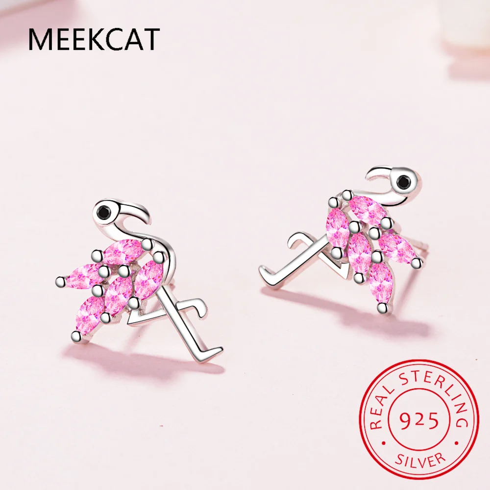 Real 925 Sterling Silver Sweet Pink Zircon Flamingo Stud Earrings For Daughter Girls Kids Lady Fine Gift Jewelry DK071