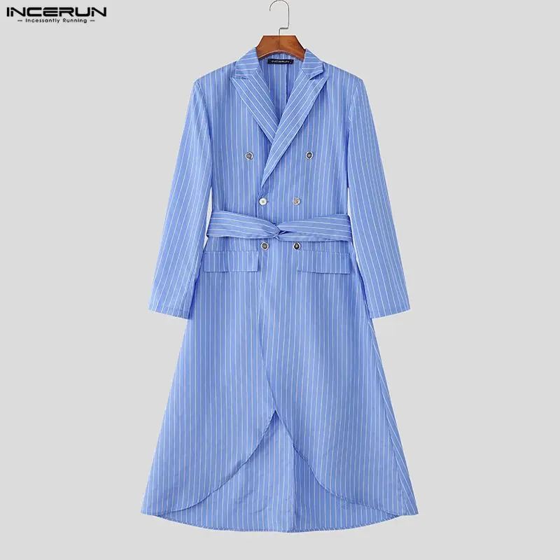 เสื้อเบลเซอร์ผู้ชายทรงยาว แขนยาว ปกเสื้อแบบลาペル ติดกระดุมสองแถว สไตล์สตรีทแวร์ แฟชั่นลำลอง เสื้อโค้ทเบลเซอร์ผู้ชาย