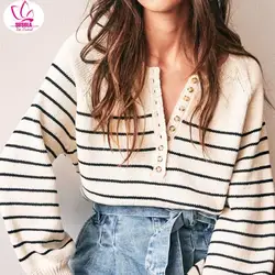 New Preppy Autumn Lady Beige Knitted Sweater Women Button Oversize Pullover Sweater Vintage Striped Winter Casual Office Jumper