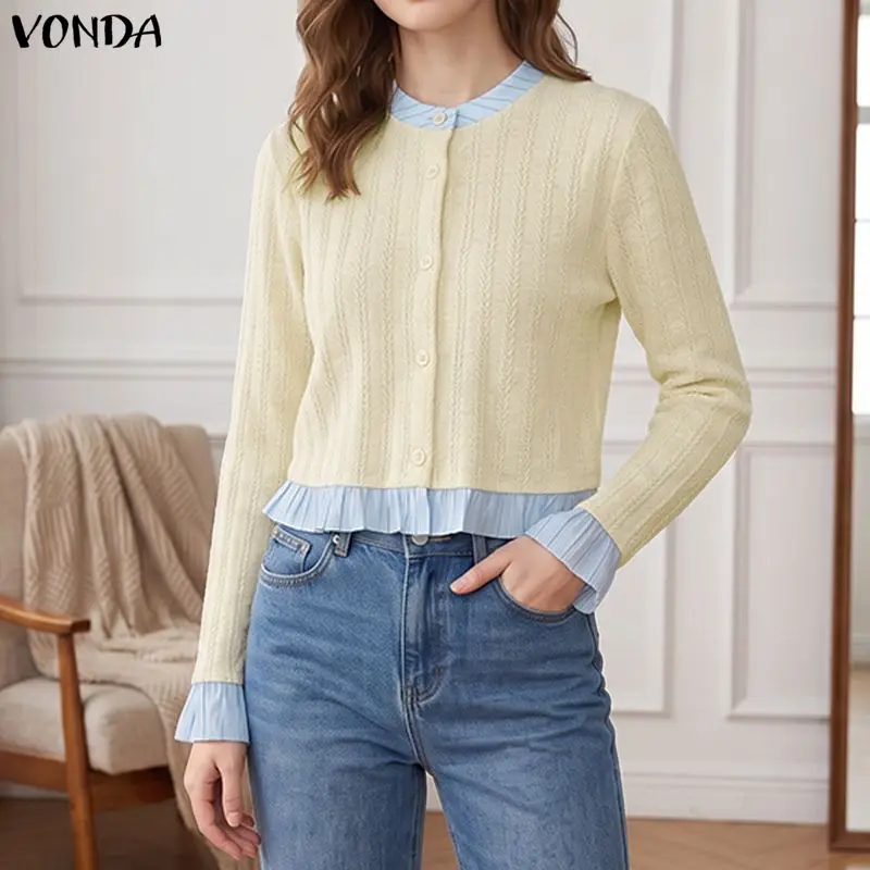 VONDA Autumn Thin Knitwear Women Knitted Sweaters Cardigan Fashion Color Patchwork Casual Jumpers Sweet Elegant Sweater