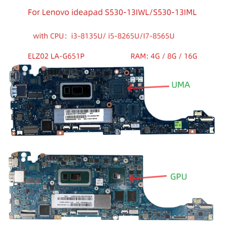 Pour Lenovo ideapad S530-13IWL/S530-13IML ordinateur portable carte mère ELZ02 LA-G651P avec CPU I3 I5 I7 8th gen + RAM: 4G/8G/16G 100% test OK