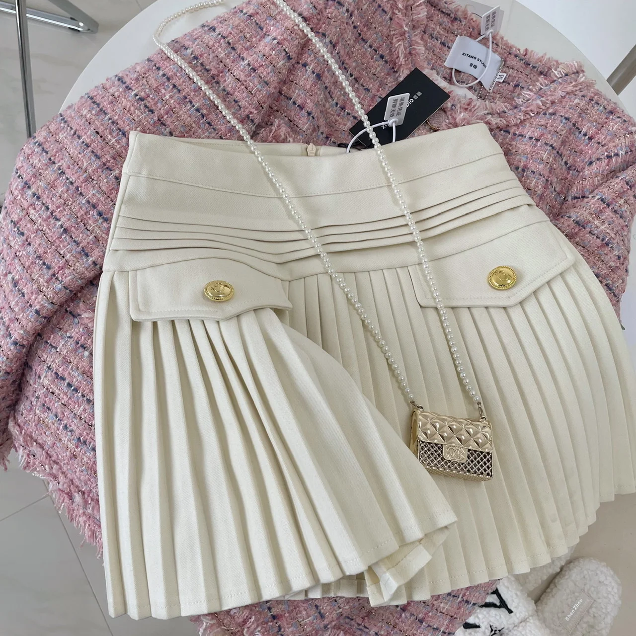 リンサマーホワイトAラインスカート レディース ハイウエスト スリムフィット プリーツ オルトフ ボディスカート フランス風スカート