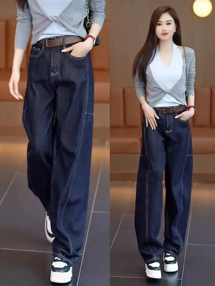 

Свободные комфортные женские джинсы из денима, зимние утепленные, с высокой талией, широкие брюки-бананы на флисовой подкладке, в стиле Lazy Sle