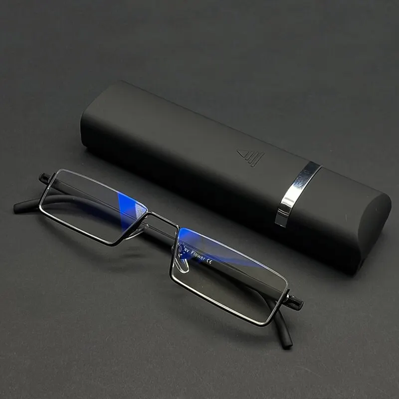 Metal Anti-Blue Light Reading Glasses Men Half Frame Prescription Eyeglasses Male Eyewear With Case +1.0 1.5 2.0 2.5 3.0 3.5 4.0