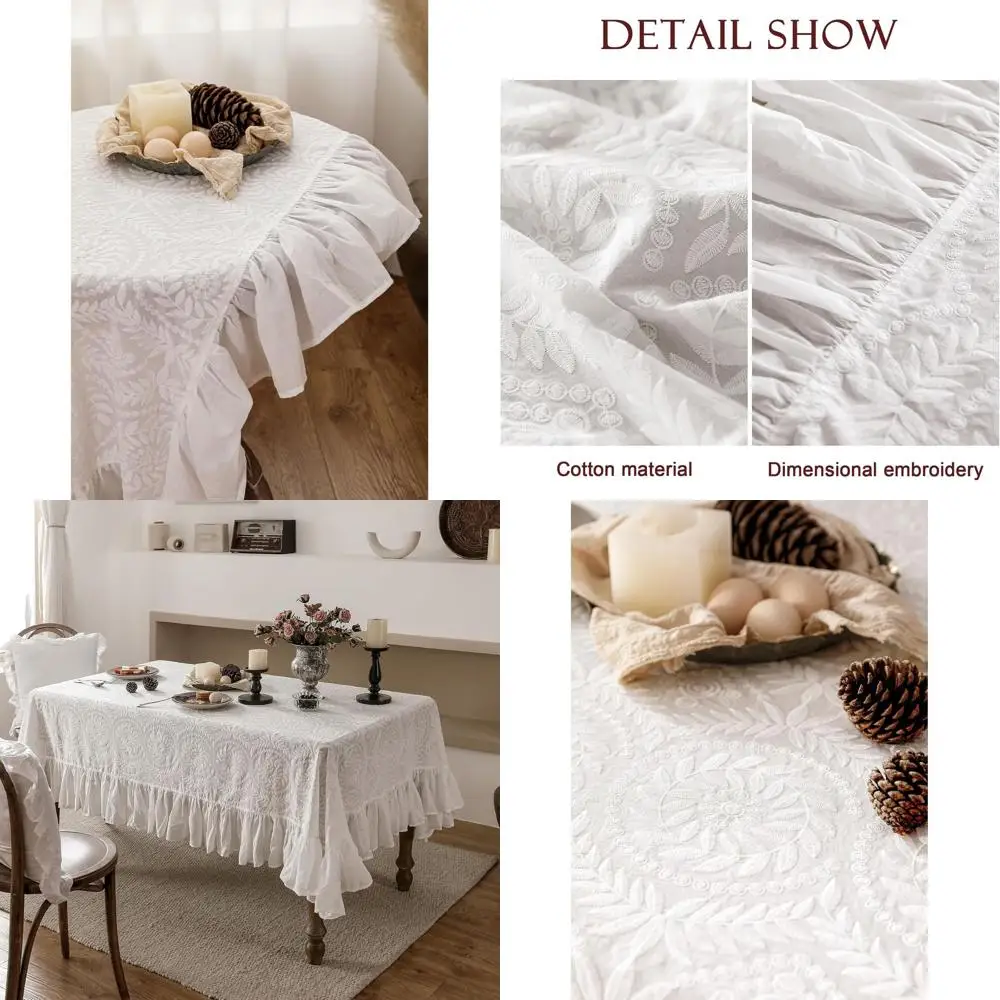

Square Table Ruffle Embroidery Cotton White Lace Tablecloth for Dining, Wedding, and Holidays