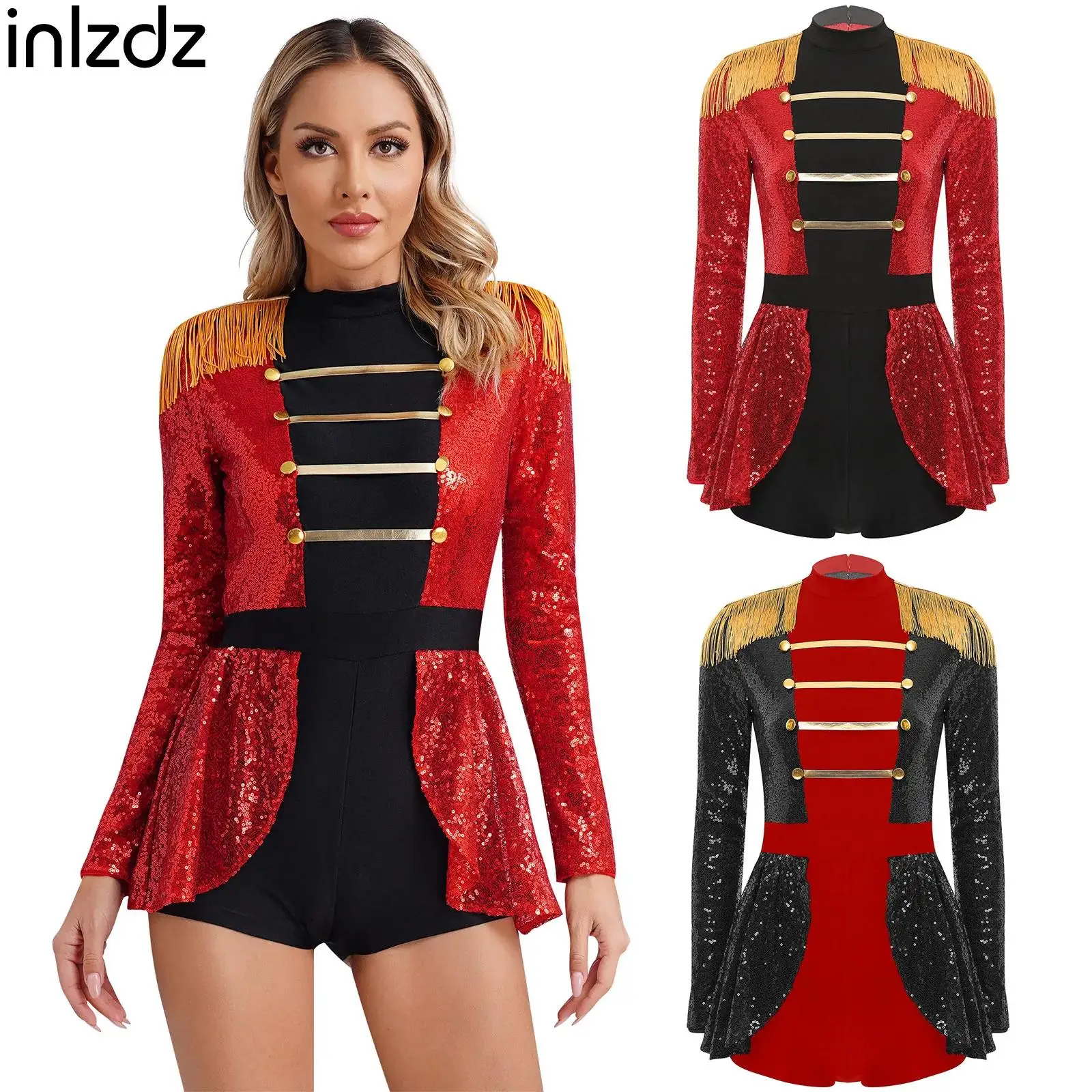 Womens Circus Ringmaster Jumpsuit Sequins Tassel Shoulder Boards Skirted Boyshorts Bodysuit Halloween Carnival Cosplay Costume