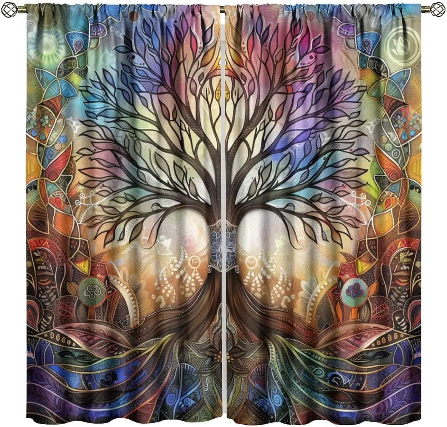 Indian Mandala Tree of Life Decorative Curtains, Abstract Colorful Fantasy Nature Tree of Life Window Drapes, for LivingBedroom