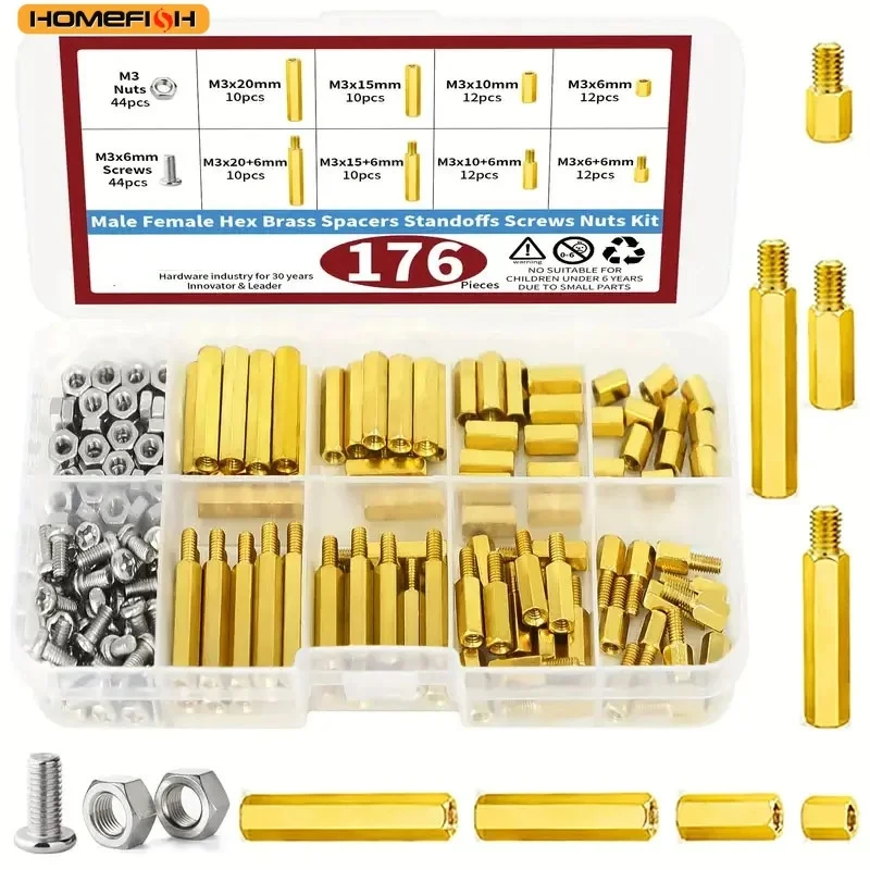 176pcs M3 Motherboard Standoffs And Screws Kit Hex Male-Female Brass Spacer Standoffs Laptop Construction Kit for DIY Computer B