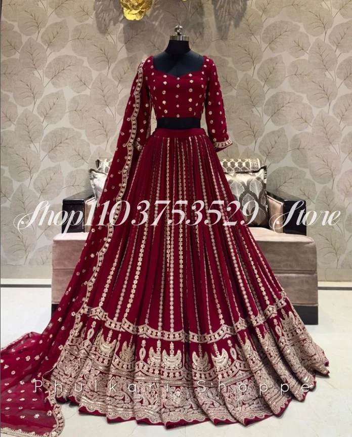 Burgundy Exquisite Saree Evening Gowns Luxury Half Sleeve Beaded Appliques Neckline Women's Two Piece Set Featured Ethnic Custom