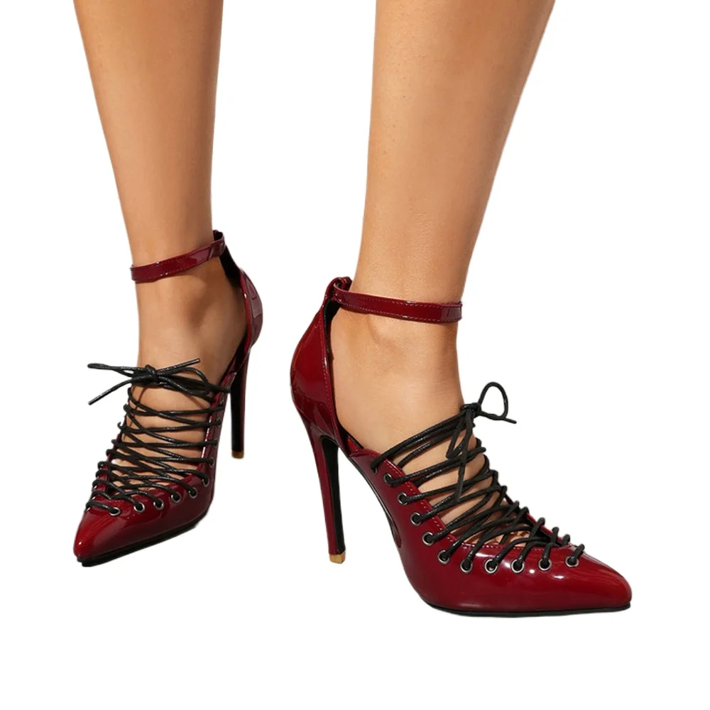 

Lace Up Ankle Strap Heels for Women Patent Leather Pointed Toe Pumps Black Red White Plus Size 35-47 92604