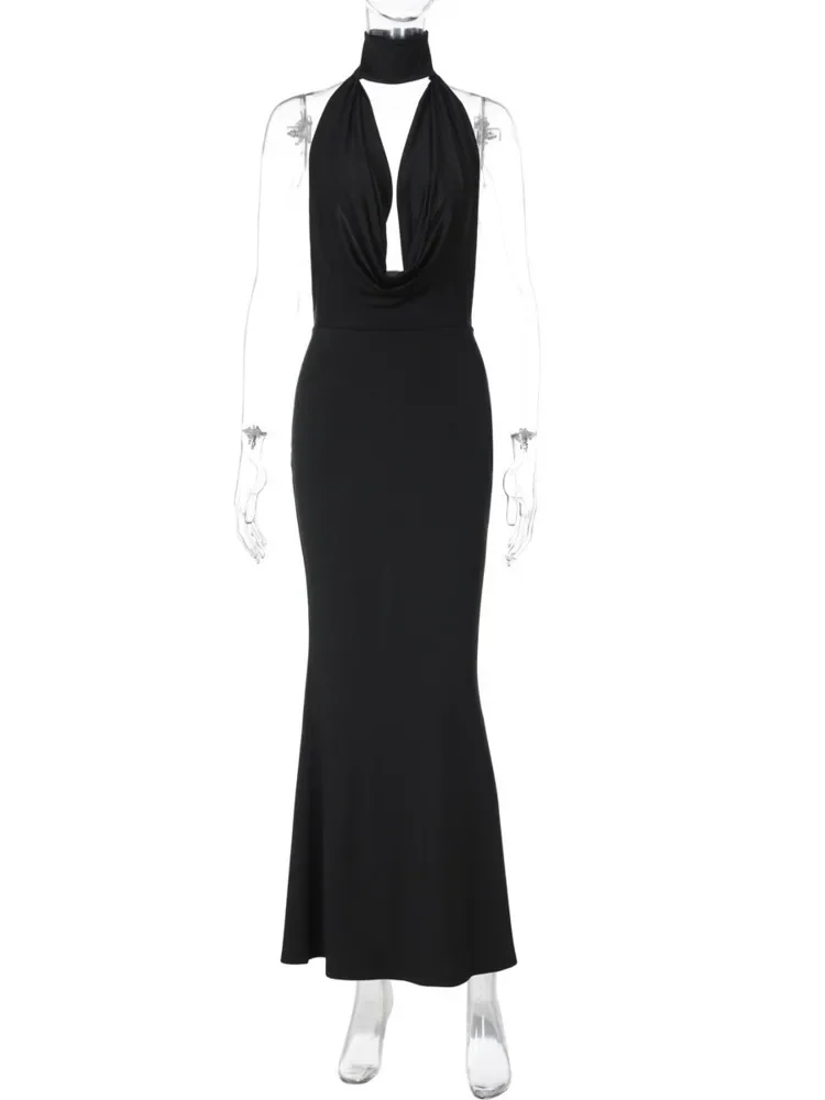 Chaxiaoa Halter Hollow Out Backless Sexy Maxi Jurk Vrouwen Mode Off-shoulder Mouwloze Bodycon Split Club Party Lange Jurk