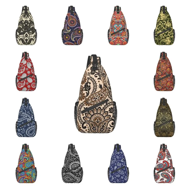 Brown Paisley Floral Texture Sling Bags for Men Boho Bohemian Flowers Style Shoulder Chest Crossbody Backpack Traveling Daypack