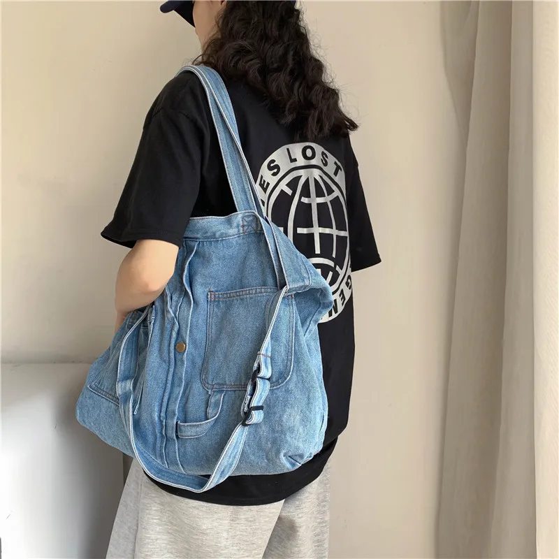 Korean Denim Cloth Women Shoulder Bag Girl Light Blue Canvas Fabric Handbag Crossbody Bag Casual Tote Detachable Strap Schoolbag