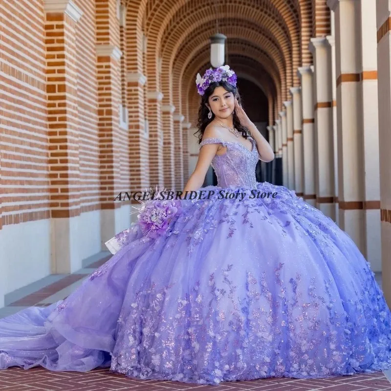 Angelsbridep Lavender Quinceanera Dresses Beads Appliques Long Prom Dress Sweetheart Ball Gown Birthday Party Gowns Customized