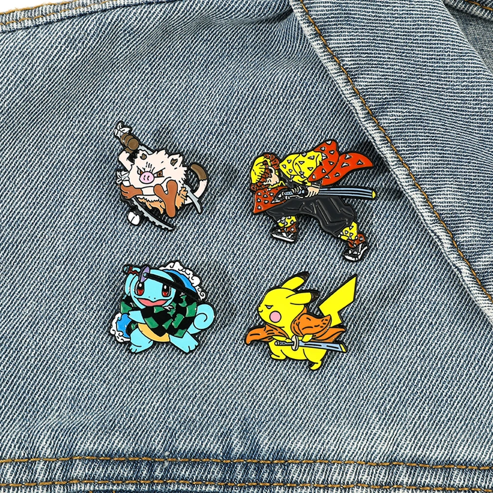 4 pcs Creative Pikachu Brooch Set Handsome Squirtle Enamel Pin wallet backpack clothing jewelry metal Badge Accessories Gift