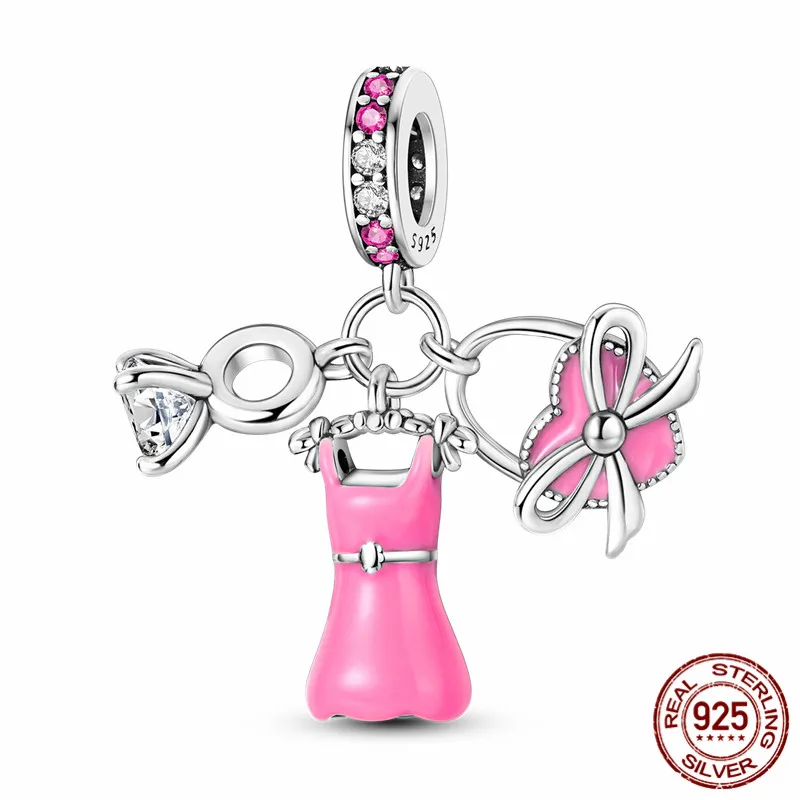 

S925 sterling silver pink charm set with beads, perfect for creating original bracelets; a great DIY jewelry gift for women.