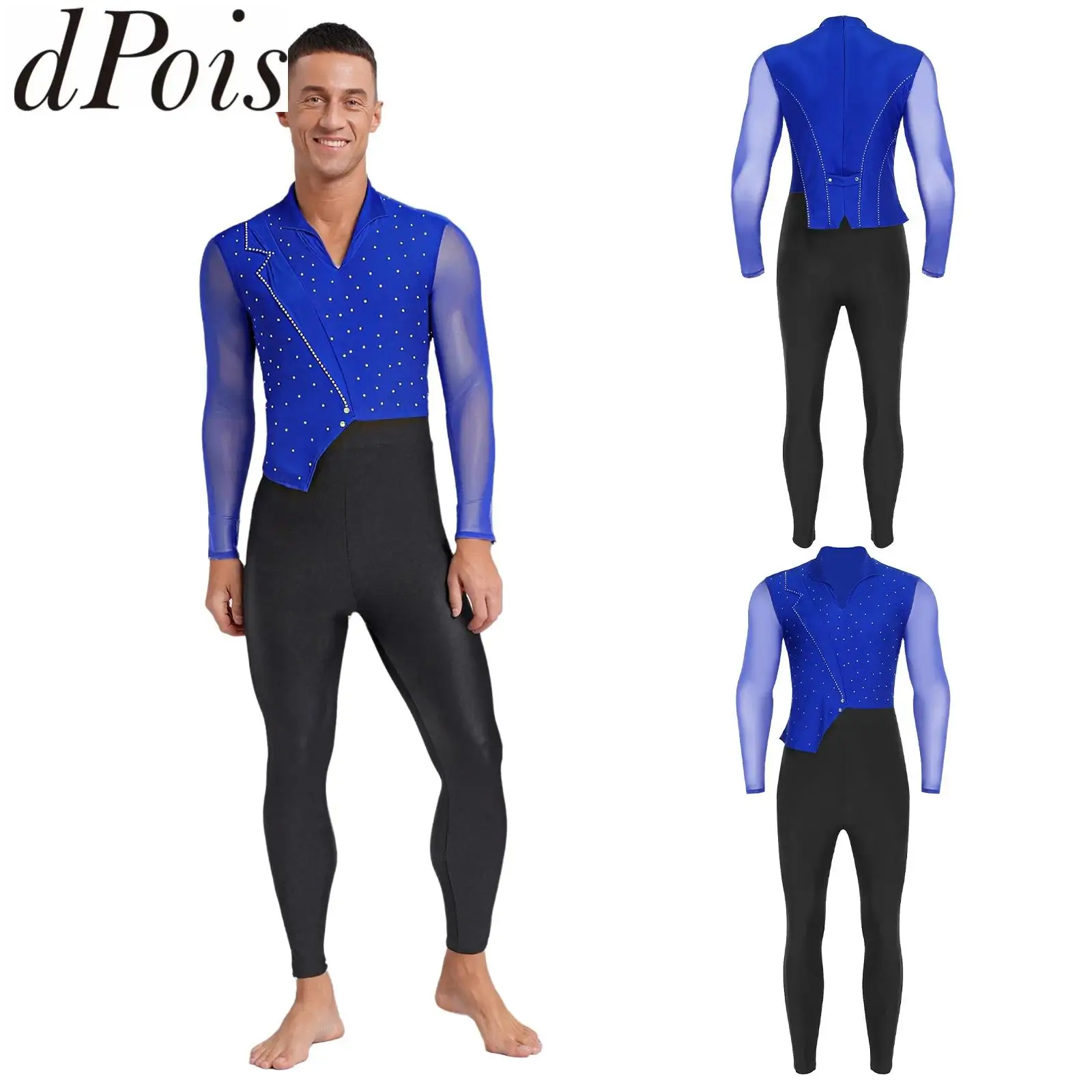 Mens Rhythmic Dance Leotard Figure Skating Ballet Dancing Tango Performance Costume Sheer Mesh Long Sleeve Rhinestones Jumpsuit